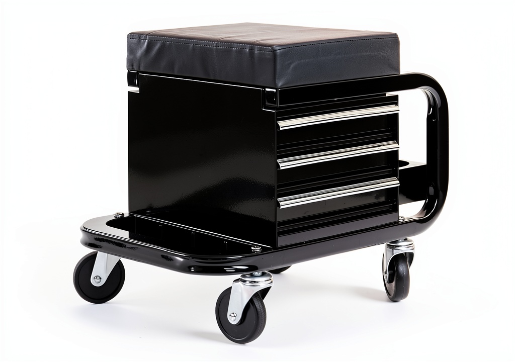 Mechanic stool with storage placed under a car in a garage