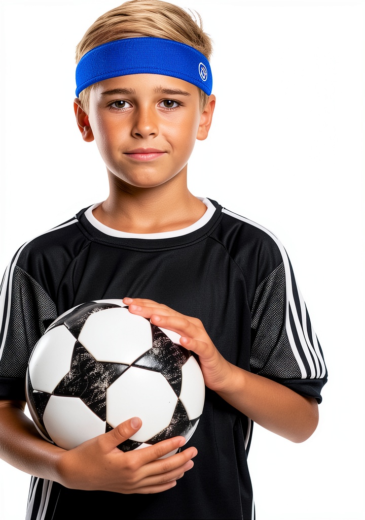 Boy wearing LIQWEI blue headband during a soccer game