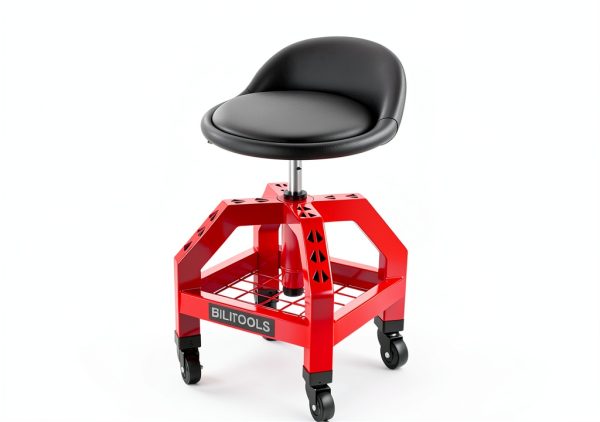 BILITOOLS Ergonomic Rolling Shop Stool Red and Black-7