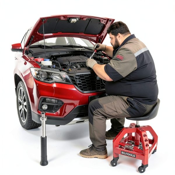 BILITOOLS Ergonomic Rolling Shop Stool Red and Black-3